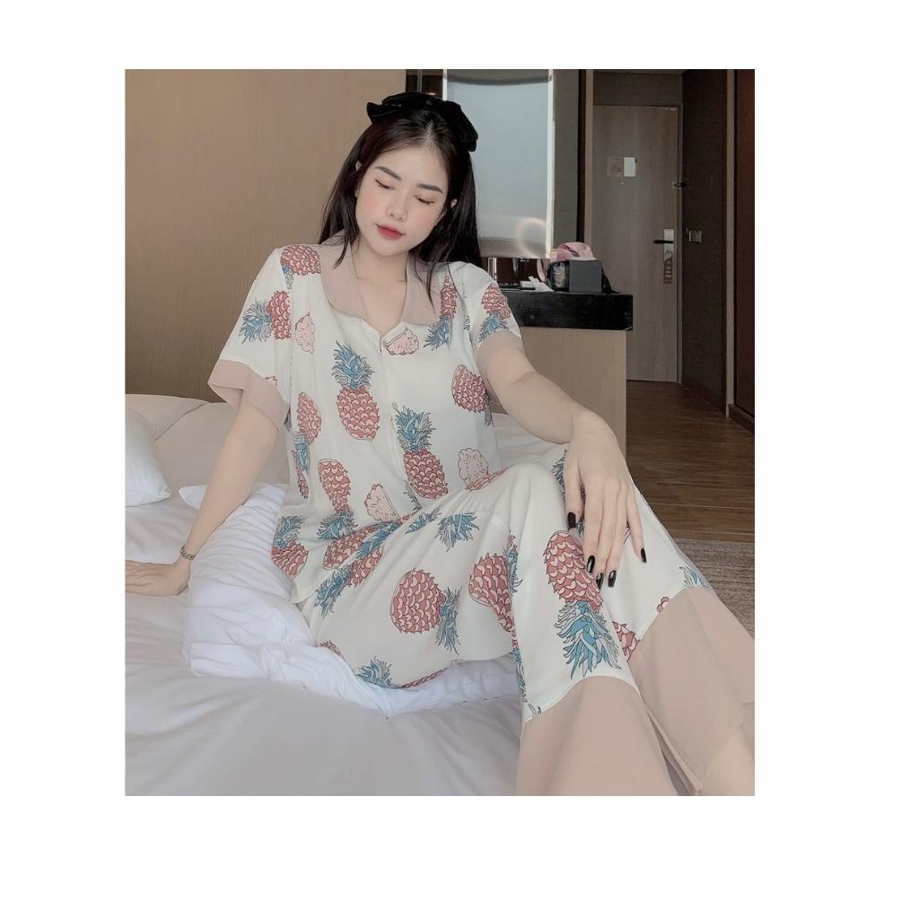 Bộ Mặc Nhà Lụa Satin 🔥FREESHIP🔥 Bộ Đồ Pijama Họa Tiết Quả Dứa Tay Ngắn Quần Dài Màu Xanh Dương - Hồng BN15.1