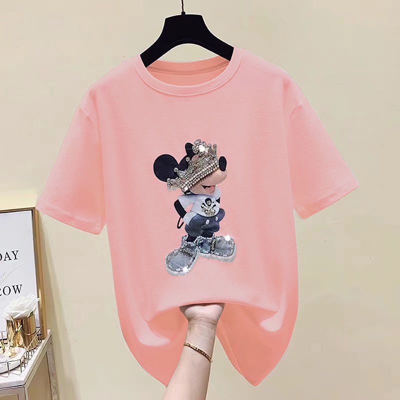 Áo thun cotton dáng rộng họa tiết chuột Mickey dễ thương cho nữ