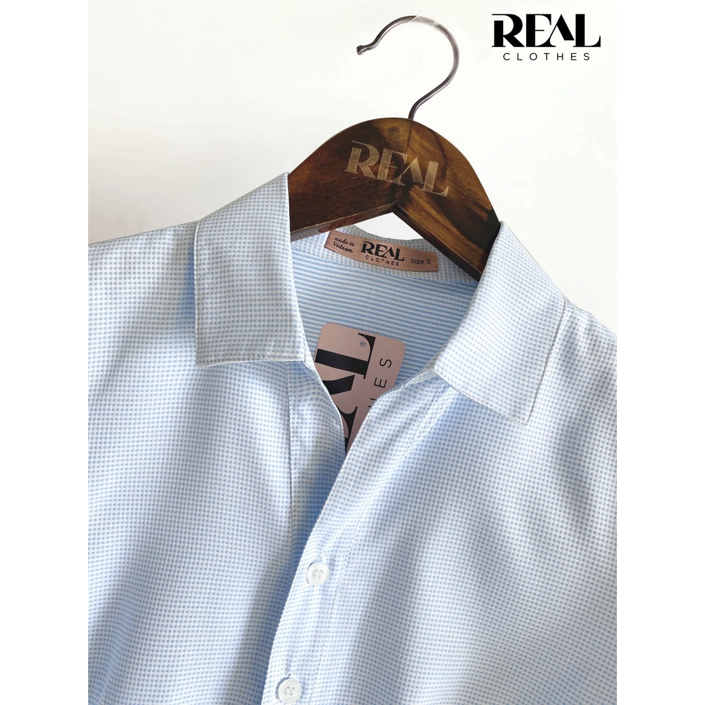 Sơ mi cổ V mè xanh tay đủ_REAL