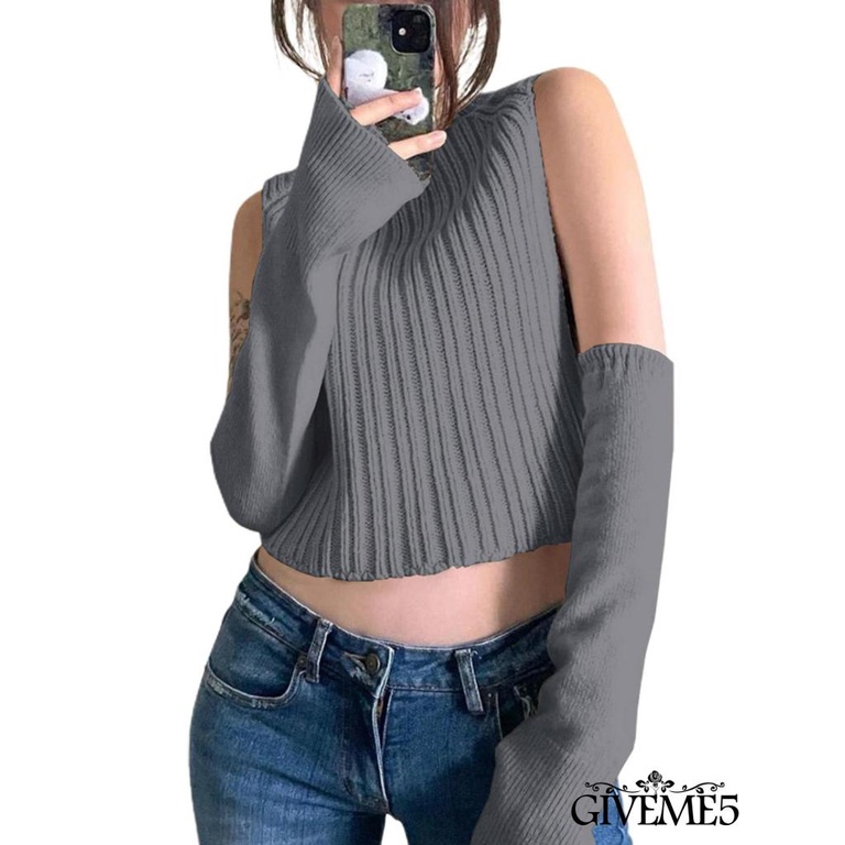 Áo len dệt kim cổ cao màu trơn và đôi tay áo cùng màu cá tính độc đáo cho nữ