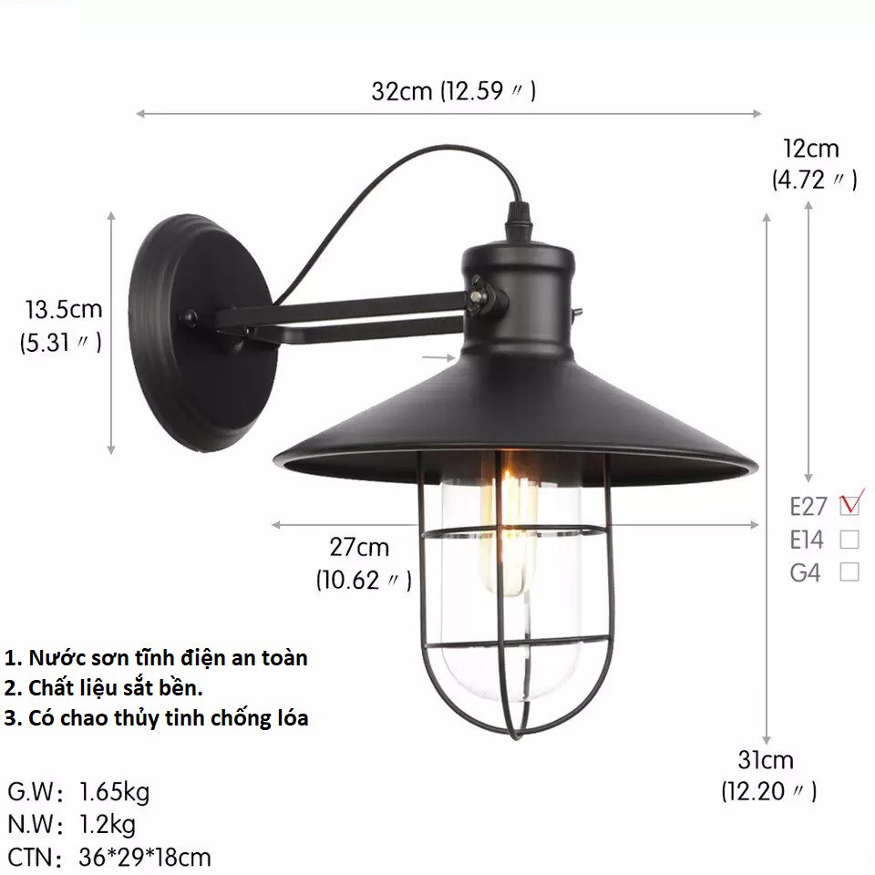 ĐÈN TƯỜNG VINTAGE CỔ ĐIỂN CHỐNG BÃO KÈM BÓNG LED EDISON