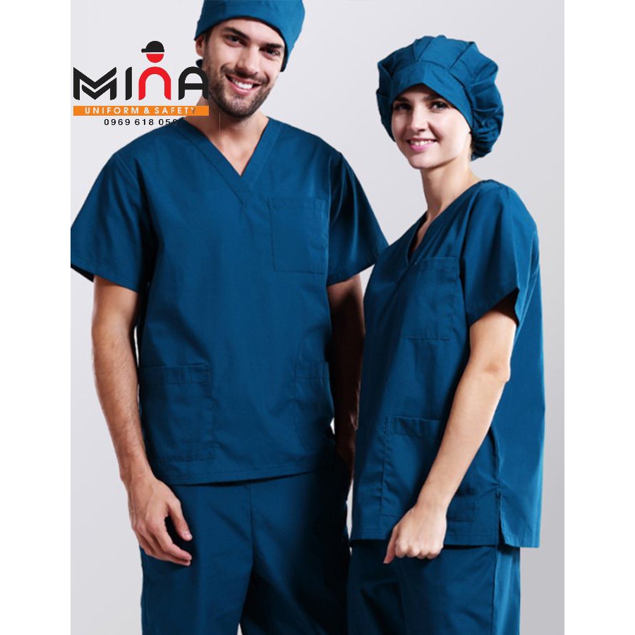 Bộ scrubs bác sĩ, quần áo y tế phẫu thuật - Màu xanh Coban VẢI CAO CẤP (Có hình ...