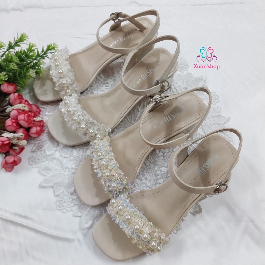 Sandal quai ngang Dusto, phối vải tweed thời trang, gót vuông 6m