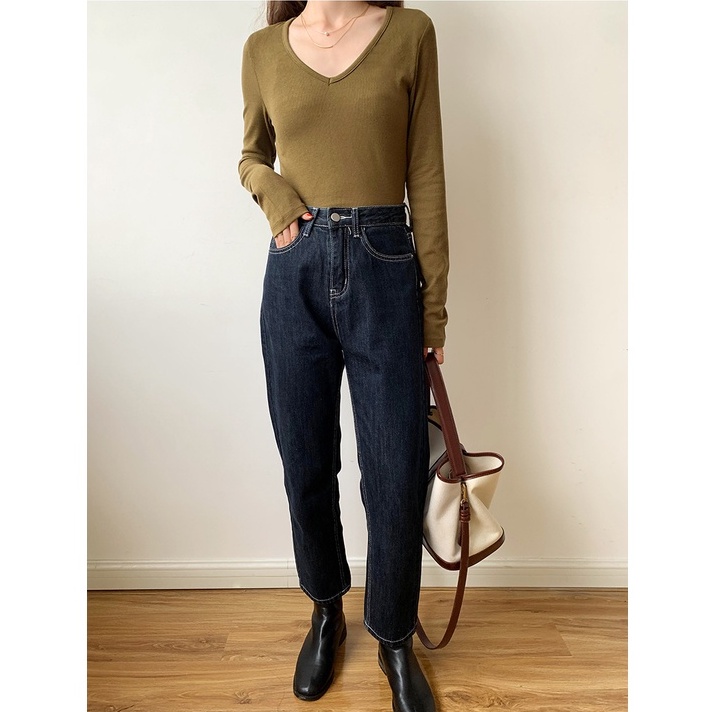 Áo dệt kim tay dài cổ chữ V phong cách mới 46141