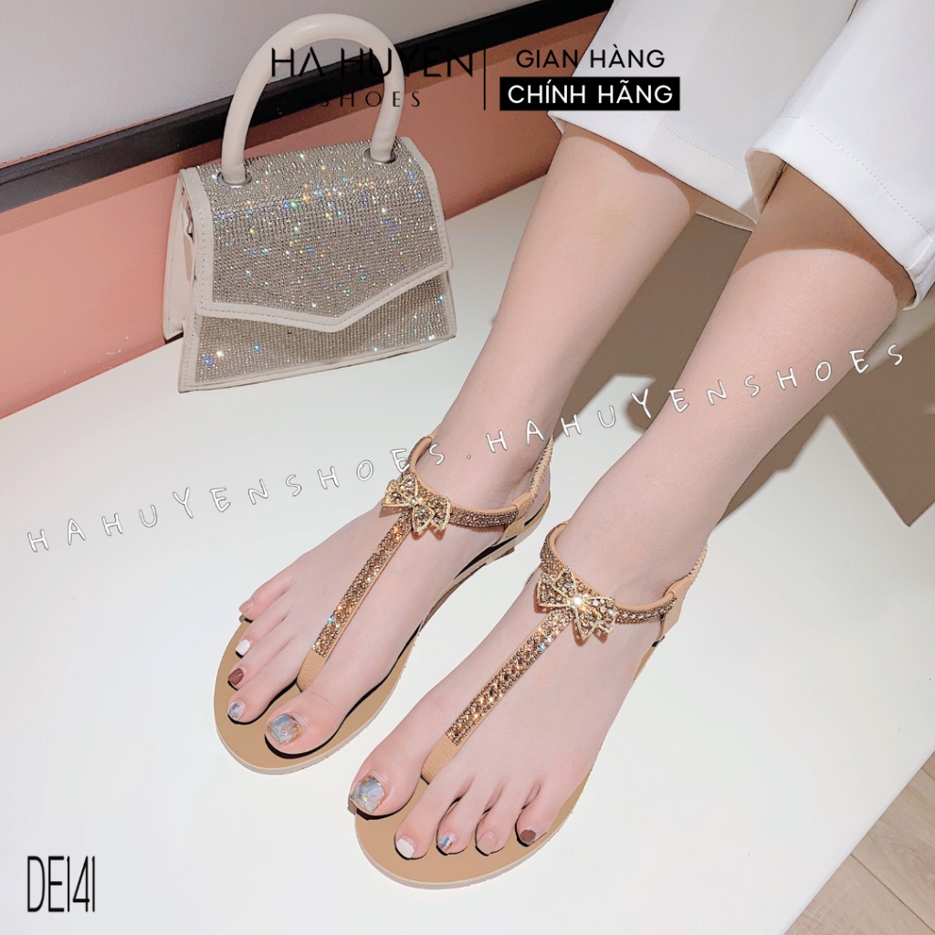 Sandal quai kẹp nữ Hà Huyền Shoes đính nơ đá quai chun thời trang - DE141