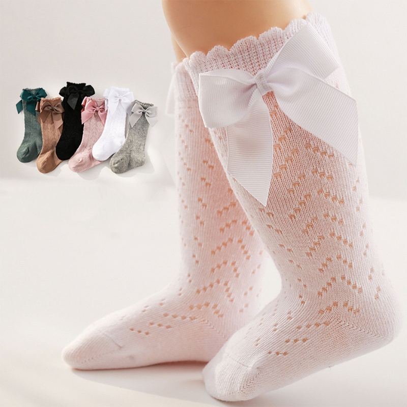 1 Đôi Vớ Đan Len Màu Trơn Cổ Cao Đính Nơ Dễ Thương Cho Bé Gái