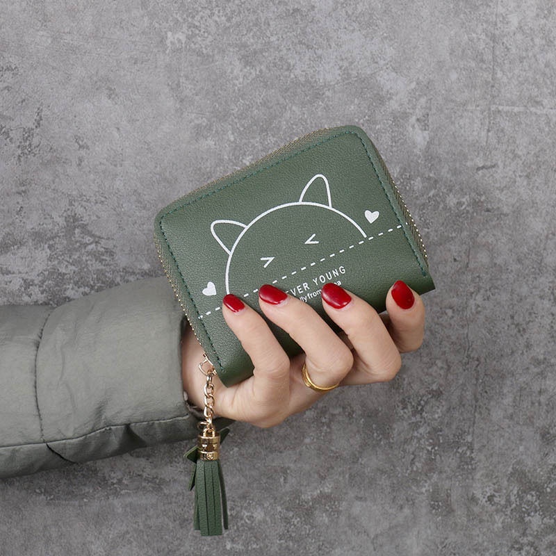 Ví Ngắn Có Khóa Kéo In Hình Mèo Dễ Thương Dành Cho Nữ