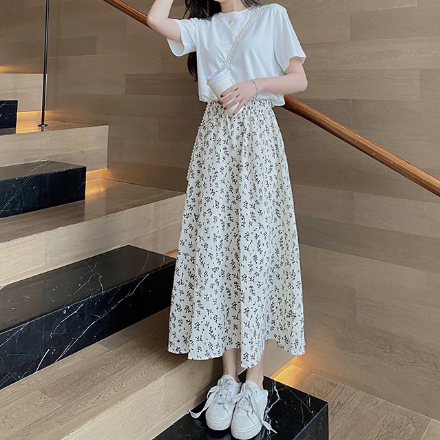 Chân Váy Dài Lưng Cao Họa Tiết Hoa Phong Cách Hàn Quốc