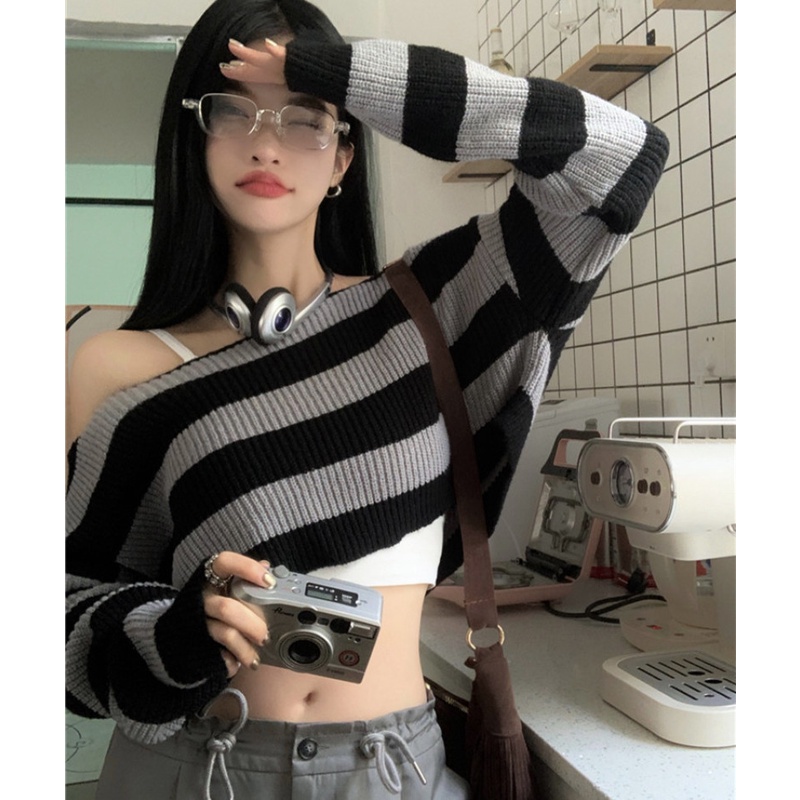 Áo Len Tay Dài Cổ Tròn Họa Tiết Sọc Ngang Thời Trang Dành Cho Nữ