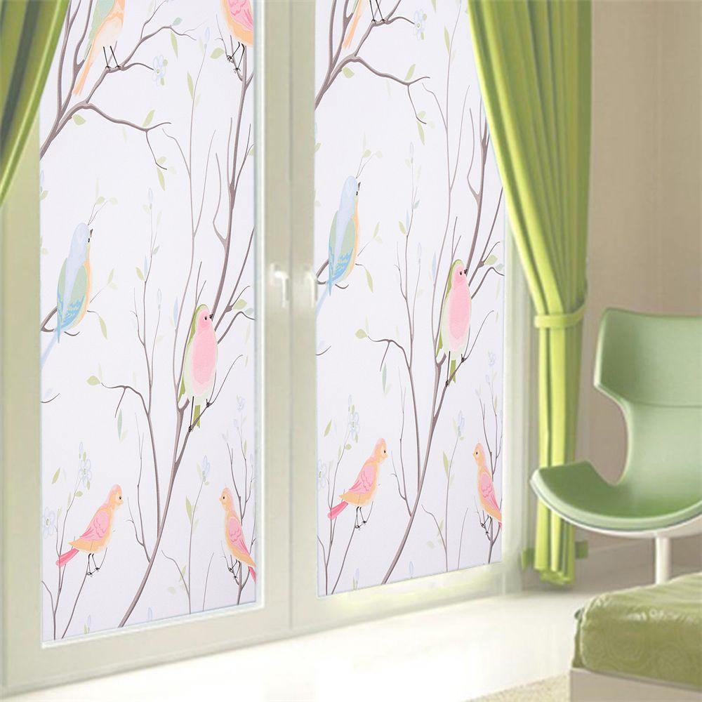 Đề Can Dán Cửa Sổ Tĩnh Điện Không Dính Họa Tiết Nhánh Cây Và Chim 3D