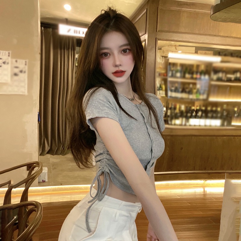 Áo Thun Crop Top Tay Ngắn Cổ Tròn Dáng Ôm Thiết Kế Độc Đáo Thoáng Khí Thời Trang Cho Nữ