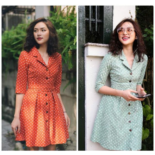 Đầm cổ vest chấm bi