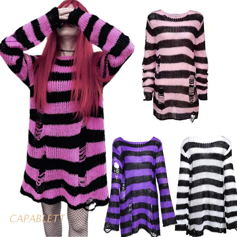 Áo len dệt kim dài tay kẻ sọc thiết kế lỗ rách phong cách bụi bặm thời trang dành cho nữ