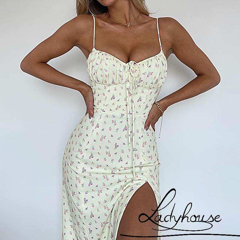Đầm Hai Dây Cổ Chữ V Hở Lưng Dáng Ôm Họa Tiết Hoa Thời Trang Gợi Cảm Cho Nữ