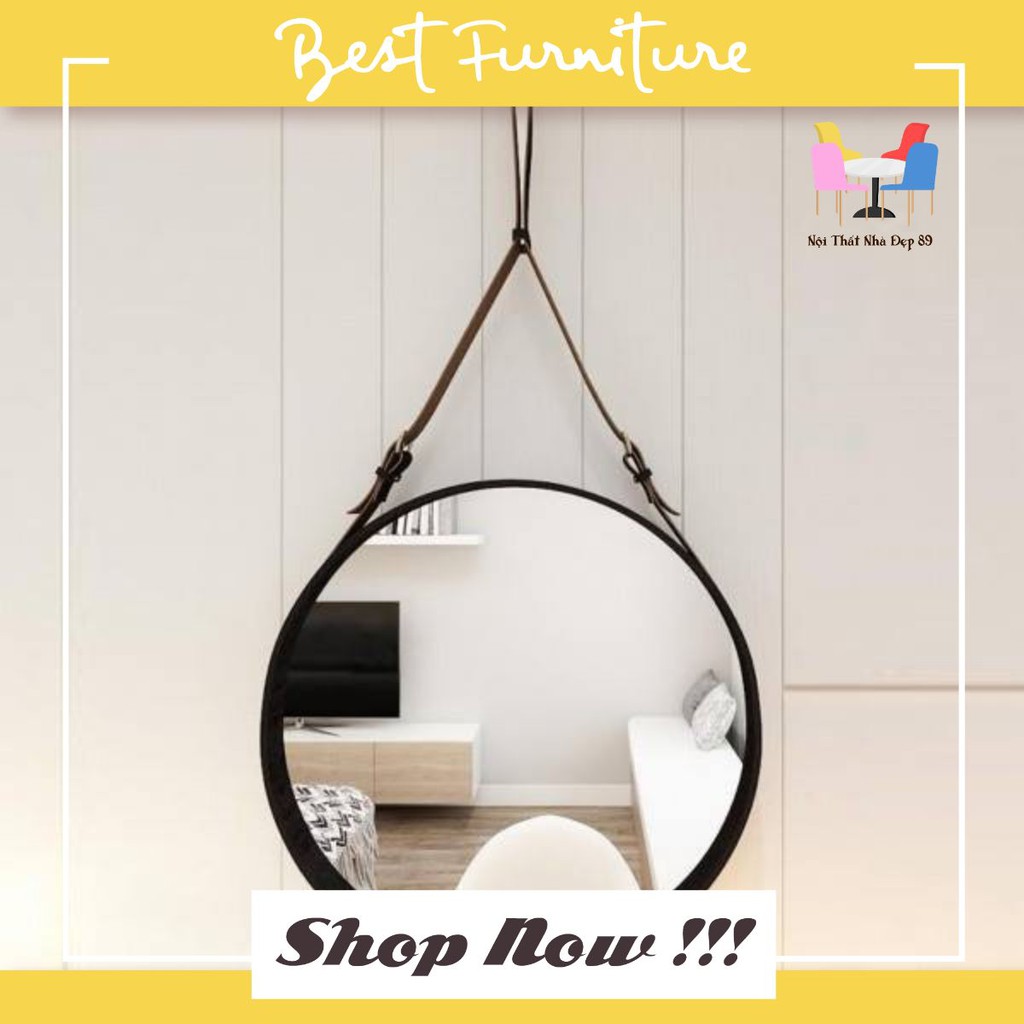 Gương tròn dây da treo tường cho phòng ngủ và nhà tắm đầy đủ kích thước Gem Decor
