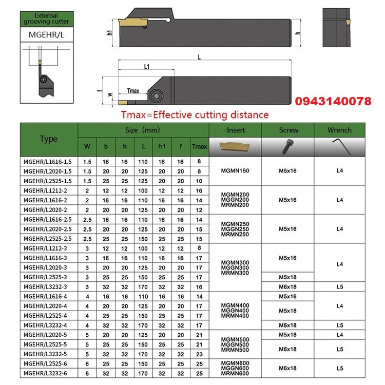 Cán dao cắt rãnh 1.5mm; 2.0mm; 2.5mm; 3.0mm; 4.0mm. MGEHR1212, MGEHR2020, MGEHR2525, MGEHR3232.
