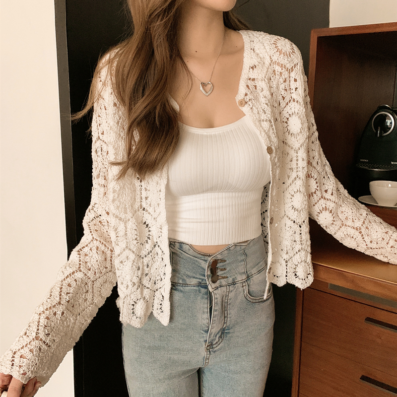 Áo Khoác Cardigan Dệt Kim Tay Dài Chống Nắng Phối Ren Dễ Thương Xinh Xắn | BigBuy360 - bigbuy360.vn