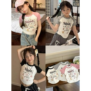  Phiên bản Hàn Quốc Quần áo trẻ em Bé gái Raglan Tay áo hoạt hình Áo thun ngắn tay Trẻ em Bé gái Áo ngắn hẹp Áo thun thời trang