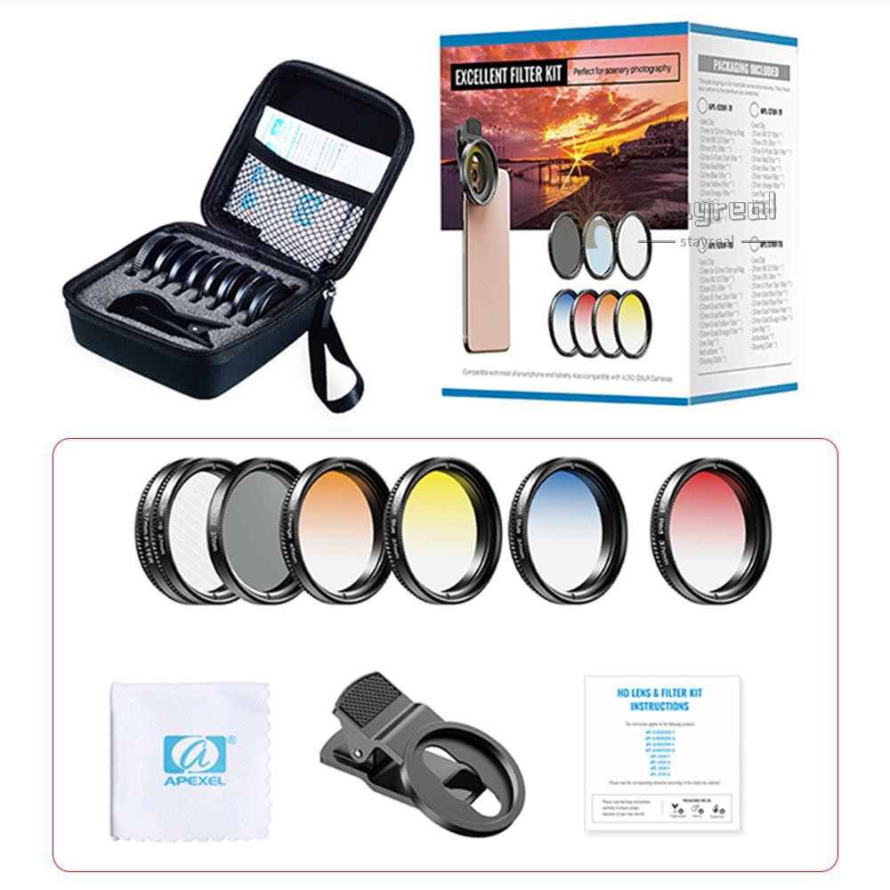 APEXEL APL-37UV-7G Professional 7in1 Phone Graduated Lens Filter Kit 37mm Grad Red Blue Yellow Orange Filters+CPL ND Star Filters Compatible with    Most Smartphones and Camera Lenses with 37mm Thread