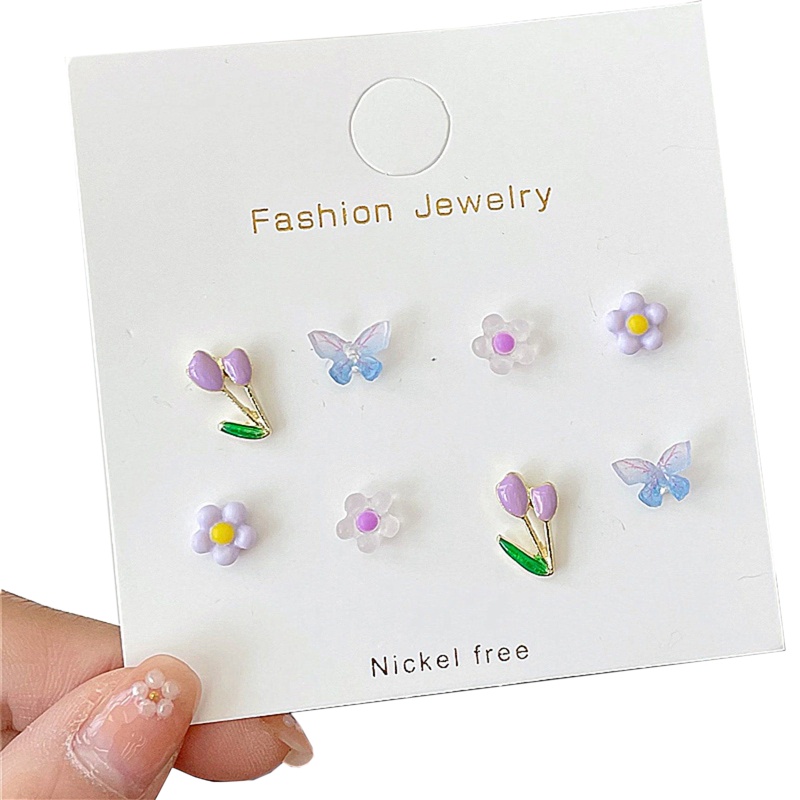 Set 8 Khuyên Tai Acrylic Hình Hoa / Bướm Mini Nhiều Màu Thời Trang Cho Nữ