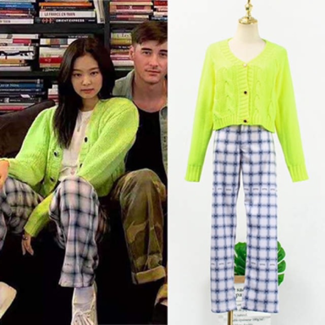 Áo len crop neon và quần caro giống Jennie BLACKPINK {có ảnh thật}