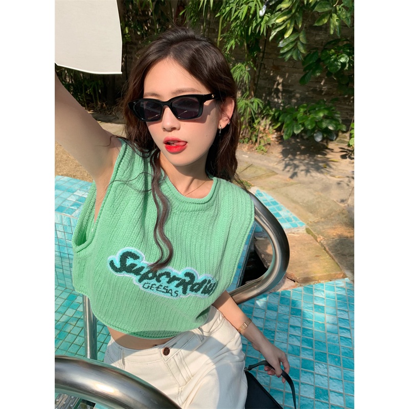 HUANG YOYO Áo Lửng Hai Dây Thêu Họa Tiết Màu Xanh Dương Phong Cách retro Thời Trang Hàn Quốc Cho Nữ