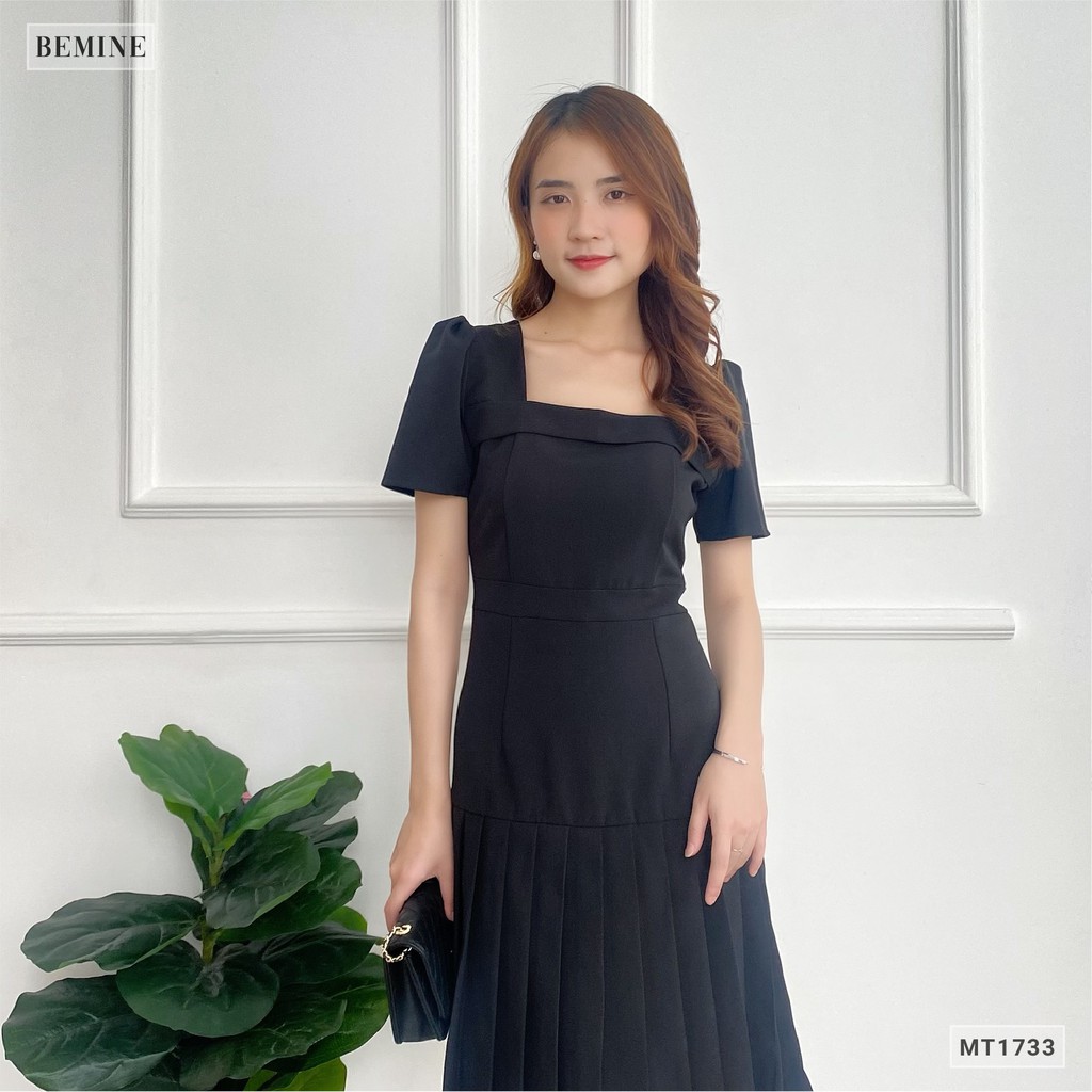 Đầm dáng xòe nữ thiết kế cổ vuông tà xếp ly BEMINE MT1733DEN | BigBuy360 - bigbuy360.vn