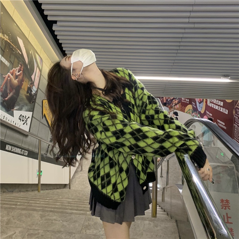 Áo Khoác Cardigan Dệt Kim Tay Dài Dáng Rộng Họa Tiết Kim Cương Thời Trang Hàn Quốc | BigBuy360 - bigbuy360.vn