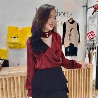 Áo lụa vạt chéo khuy cổ sang chảnh loại xịn