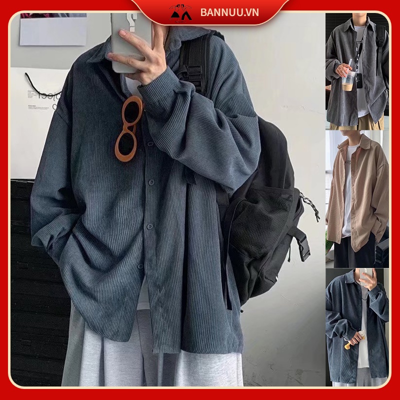 Áo Khoác Nam Dài Tay áo sơ mi nam Cổ Bẻ áo sơ mi nữ Thời Trang Hàn áo sơ mi nhung tăm nam phong cách Hàn Quốc sơ mi nữ form rộng
