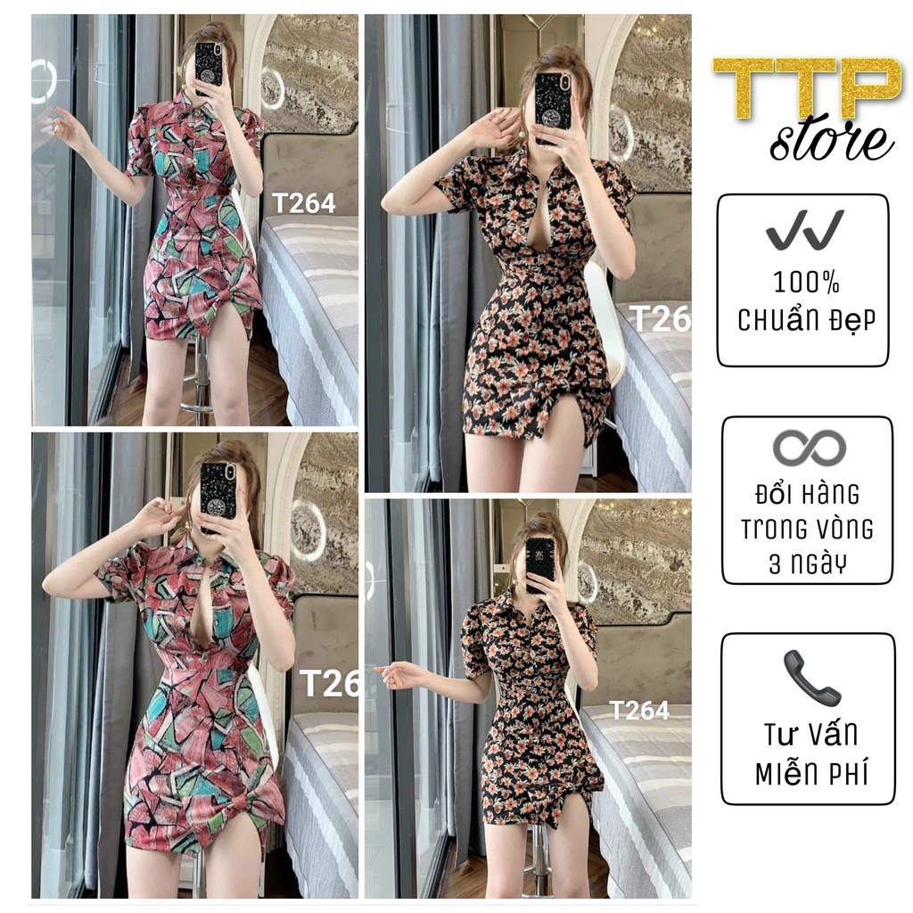 ĐẦM HOA MIDI XẺ TÀ CÀI NÚT NGỰC LAI NHẸ KIỂU TRUNG HOA - ĐẦM HOA THUN THÁI DẺO TAY NGẮN PHỒNG TTP STORE