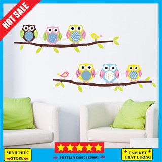 [ Mẫu2 cành cây+ 6 chim cú mèo cute] Decal dán tường trang trí phòng khách - ngủ, tranh dán tường cho bé mẫu động vật