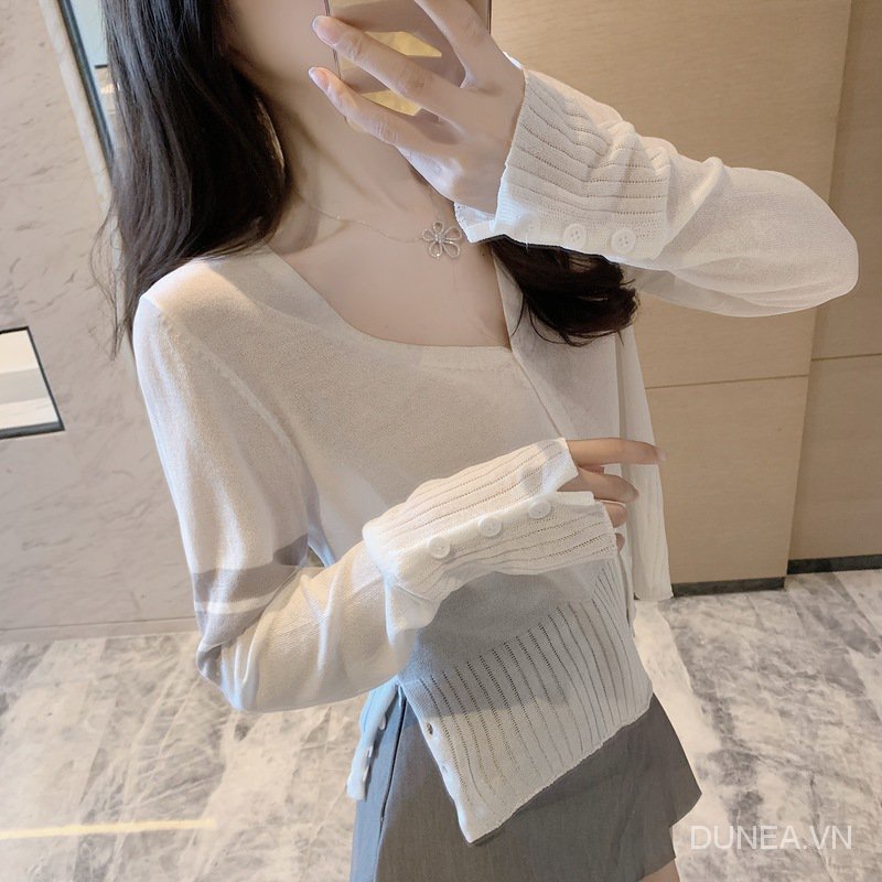 DUNEA Bộ Áo Khoác Cardigan Cổ Chữ V + Chân Váy Xếp Ly Q8Dg