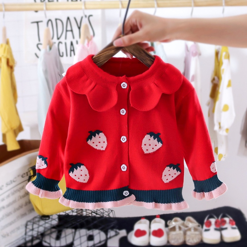 Áo cardigan bé gái sơ sinh 1/2/3 tuổi - Áo khoác len Cardigan họa tiết trái dâu dễ thương - HARABI SHOP | BigBuy360 - bigbuy360.vn
