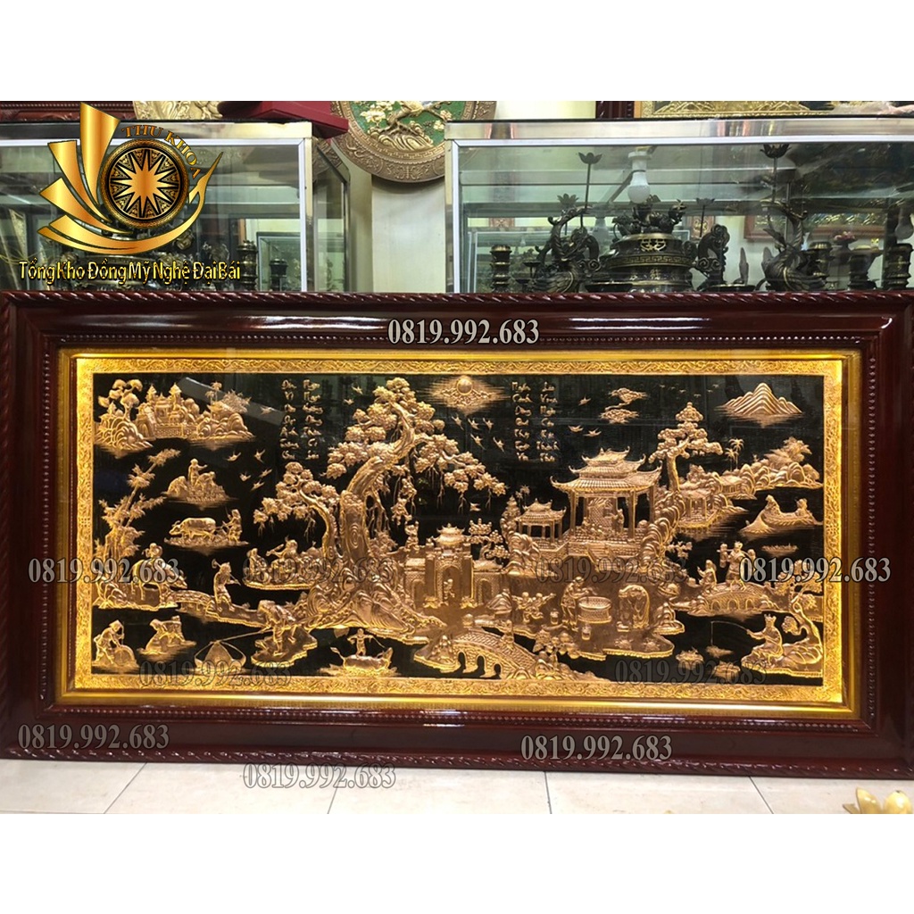 Tranh Vinh Quy Bái Tổ Bằng Đồng Mạ Vàng Khung Gỗ Sồi 170x90cm Cao Cấp Làng Nghề Đúc Đồng Đại Bái Miễn Ship Toàn Quốc