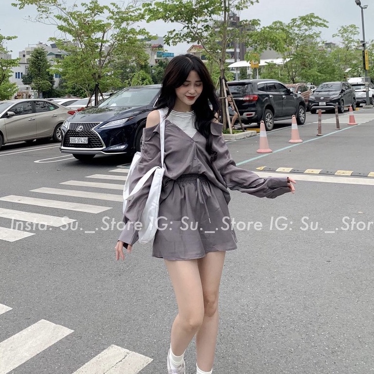 Set 3 món áo sơ mi phối quần short và áo 3 lỗ kẻ ngang, 2 màu XÁM và ĐEN SIÊU HOT