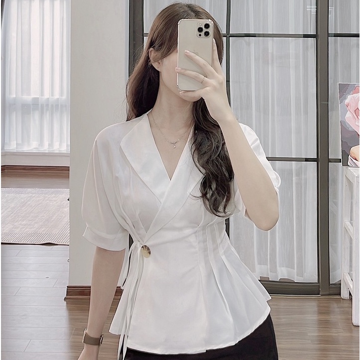 Áo sơ mi cổ vest vải lụa xếp ly buộc dây HILA A1452