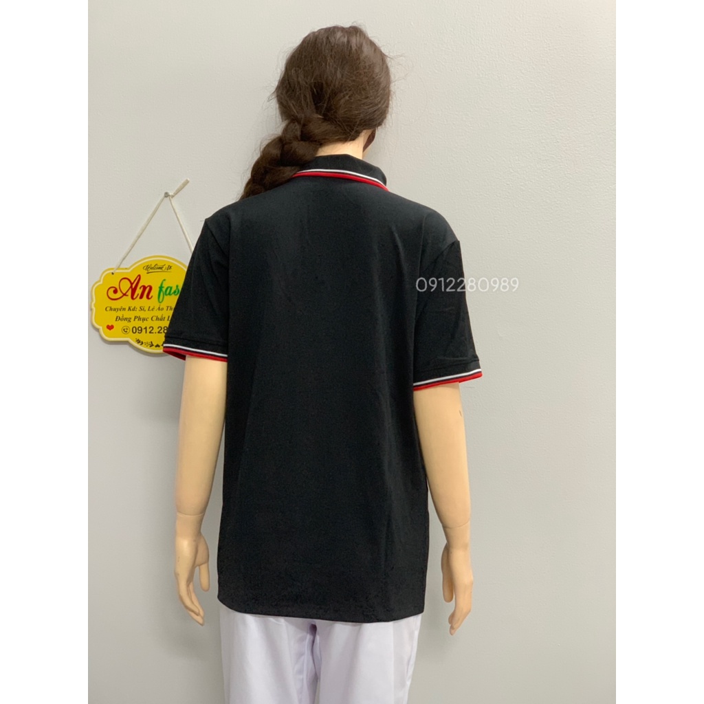 Áo thun có cổ màu đen viền đỏ vải poly Thái cao cấp cho nam nữ _ Hình chụp thật