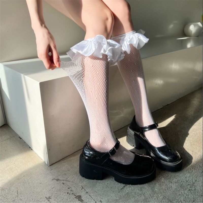 Youyo Tất Lưới Chấm Bi Phối Bèo Satin Phong Cách Lolita Nhật Bản Dễ Thương Cho Nữ