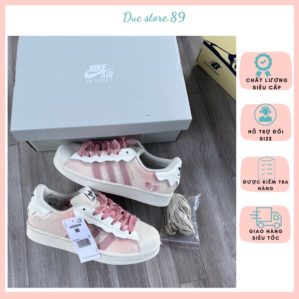 Giày Adidas Superstar, Das Sò, Sneaker nữ Màu Hồng Kem 2022 bản Quảng Châu cao cấp+ Dây Phụ