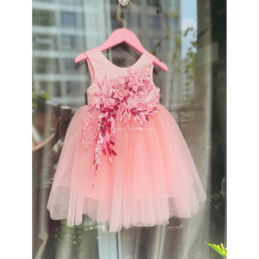 [TẶNG QUÀ 79k] -Váy công chúa, đầm công chúa thiết kế cao cấp Voan Hàn đính hoa màu hồng, tặng kèm kẹp tóc và nơ