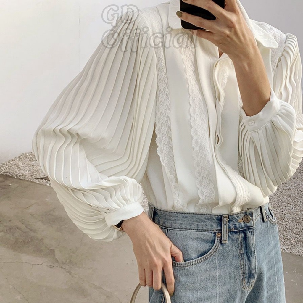 A63|Áo sơ mi công sở nữ dài cổ V tầng polo voan tay phồng suông rộng thụng trơn thanh lịch trắng basic GD Official