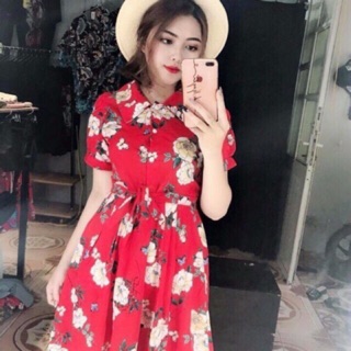 Đầm xoè hoa tay phồng cổ bẻ siêu xinh