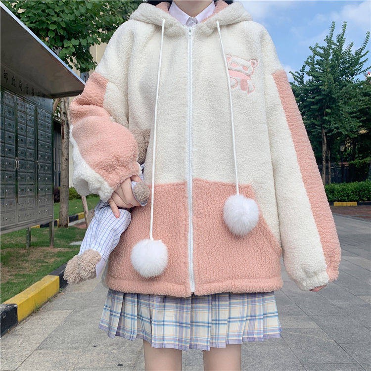 Áo Khoác Hoodie Lông Cừu Phối Khóa Kéo Màu Sắc Thời Trang Nhật Bản Dành Cho Nữ