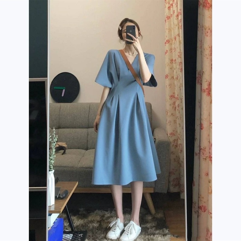 Đầm Midi Cổ Chữ V Lưng Cao Chất Liệu Mỏng Màu Xanh Dương Thời Trang Mùa Hè Cho Nữ
