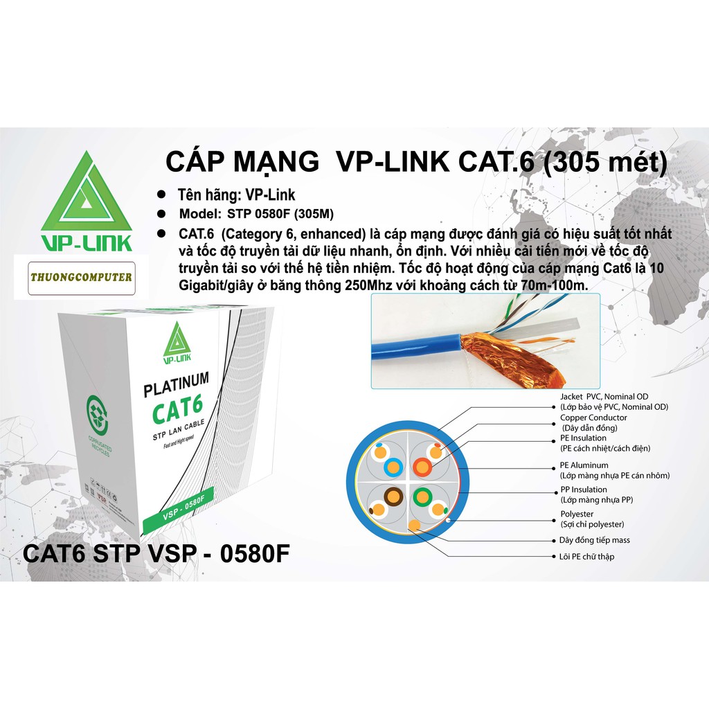 &lt;NEW&gt; Cáp mạng VP-LINK STP CAT 6E 305M Platium Xanh Dương ( VSP-0580F)