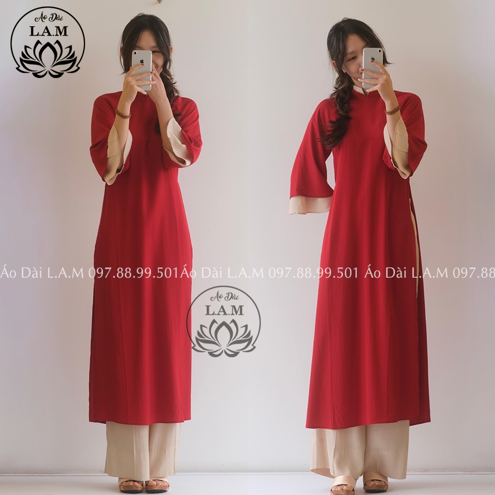 Áo dài dáng suông tay 2 lớp cách điệu, chất liệu lụa trơn