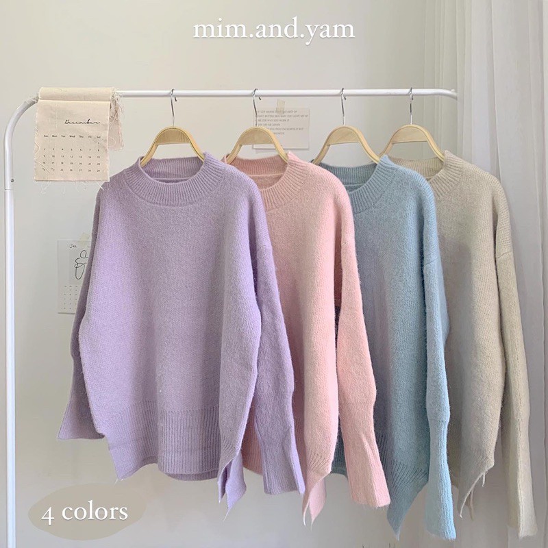 Áo len cổ tròn 4 màu & Chân váy bồng bềnh