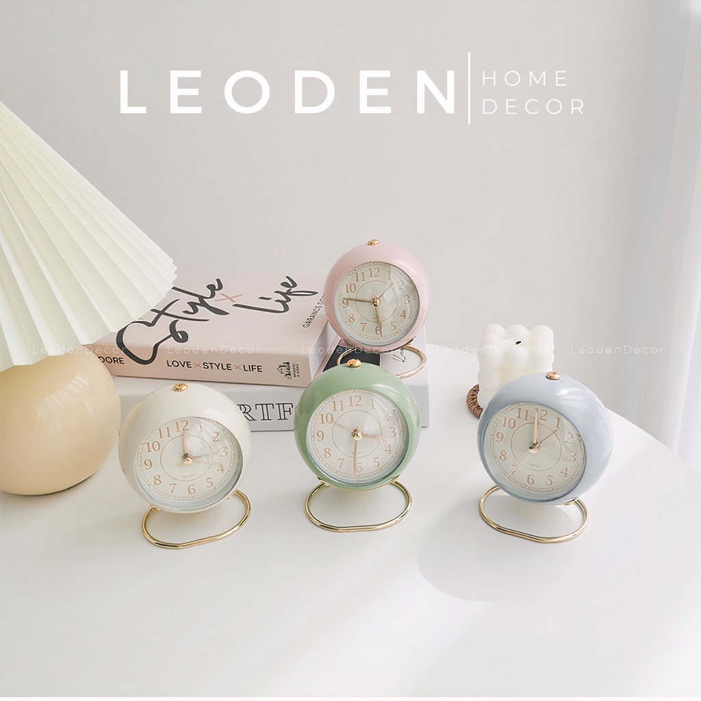 Đồng hồ để bàn decor hình tròn nhiều màu pastel phong cách retro , đồng hồ báo thức để bàn có đèn vintage - LEODEN DECOR