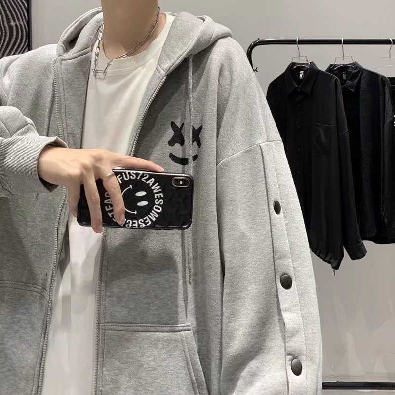 Áo Khoác Cardigan Có Mũ Trùm Đầu Dáng Rộng Họa Tiết Mặt Cười Thiết Kế Mới Thời Trang Xuân Thu Hàn Quốc Cho Nam